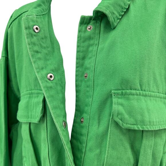If It Were Me Denim Shacket WMNS L Apple Green Cotton Utility Pockets Button Up - Picture 4 of 8